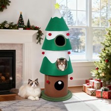 62 Inch Cat Christmas Tree, Cute Christmas Cat Tree Tower with 3 House, Cat S...