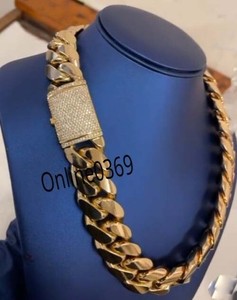 Authentic Mens Cubic Zirconia 20 x 22" Stone in Cuban Lock Chain Yellow Gold Plated Silver