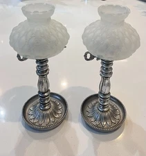 Vtg Villy Silver Candle Holder Frosted Glass Shade Hurricane Lamp Set Of 2