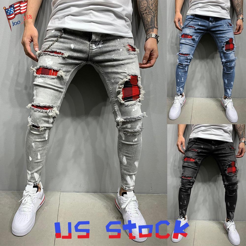 Mens Distressed Skinny Jeans Slim Fit Stretch Denim Pants with Ripped Mesh