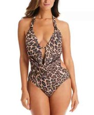 Bar III Animal-Print Cowlneck One-Piece Swimsuit 17D natural XS leopard