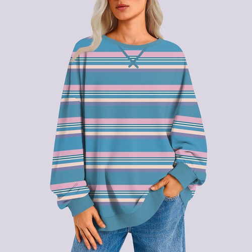 Felpa girocollo donna oversize a righe manica lunga casual Y2K camicia top - Foto 14 di 34