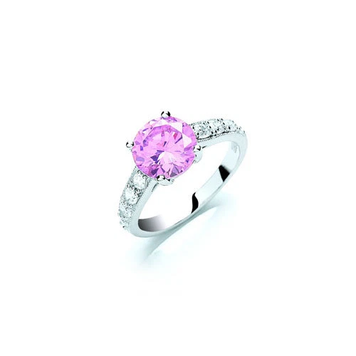 Sterling Silver Round Pink and White Cubic Zirconia Claw Set Dress