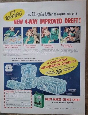 1948 Dreft laundry detergent Green box Refrigerator dishes premium Vintage ad 