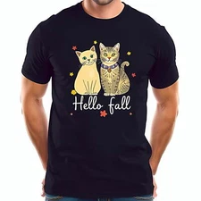 Charming Autumn Cats T-Shirt - Navy Blue Crew Neck with "Hello Fall" -All-cotton