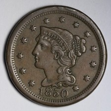 1850 Braided Hair Large Cent CHOICE AU E156 QHM