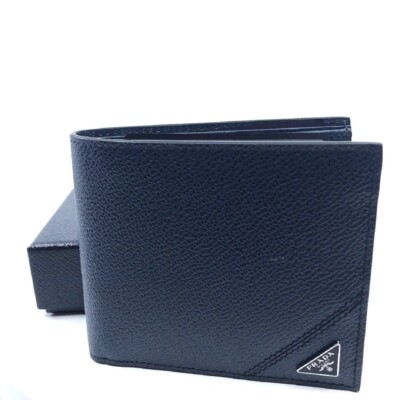 Prada Blue Vitello Micro Grain Leather Iconic Triangle Logo Wallet NEW