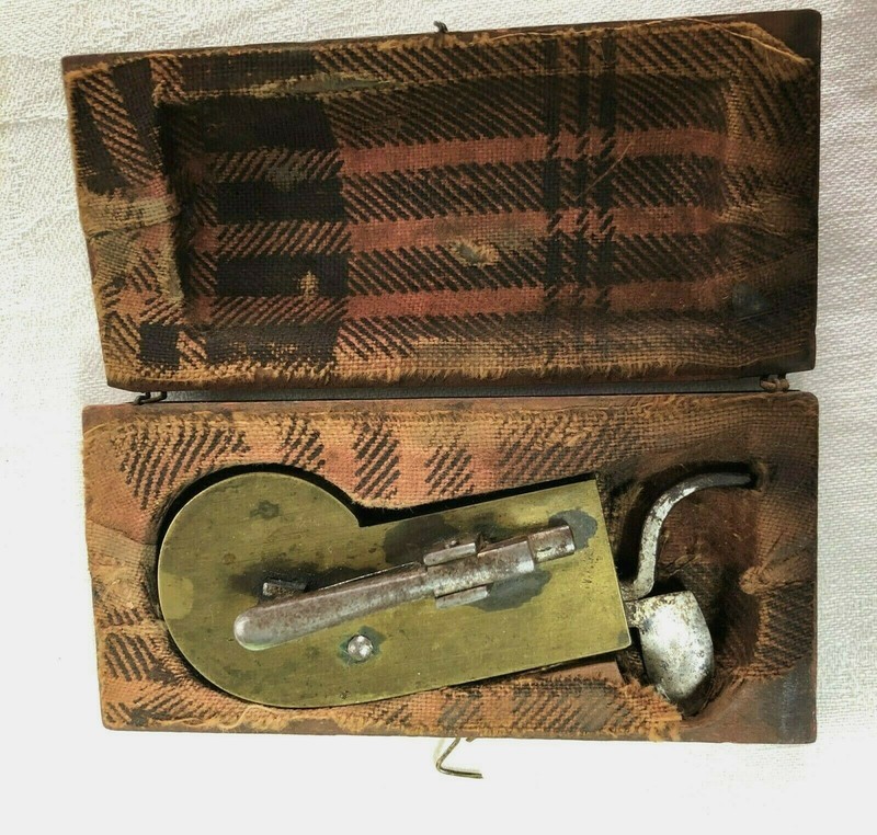 Antique Brass Fleam Bleeder Knife Lancet Spring Loaded - Original Wooden Case 