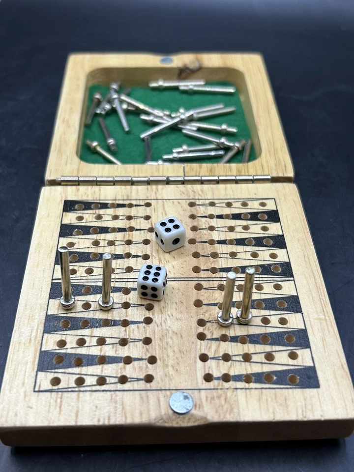 Vintage Travel Backgammon Game Wood Fold Portable 4 inches - Image 2 of 4