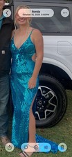 Blue Sequin Bodycon Long Dress Sleeveless V-Neck Strappy Back Side Slit