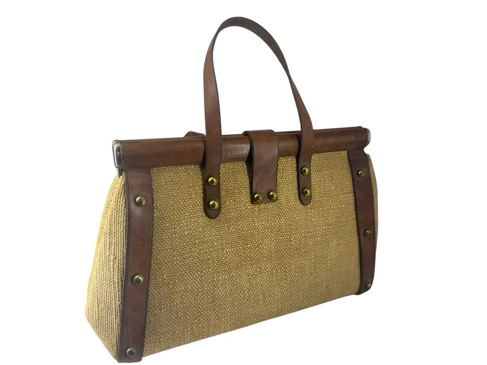 Bolso de Mano AIGNER Tweed Vintage Años 70 Cuero Hecho a Mano Antiguo RARO Foto 3 de 4