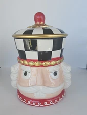 Ceramic Nutcracker Mackenzie Childs Style Cookie Jar Black Gold Red White 11.5"
