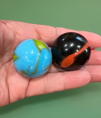 1 1/4  Mermaid Bolder Glass Marbles Green Aqua Vacor & Peltier Rainbo Lot Of 2