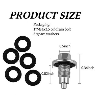 Magnetic Oil Drain Bolt For M14 x 1.5 Thread with 5 Rubber Compression Seals