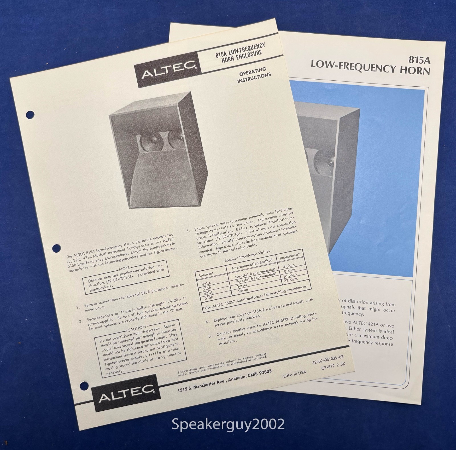 Vintage Altec Operating Instructions & Spec Sheet / 815A Speaker