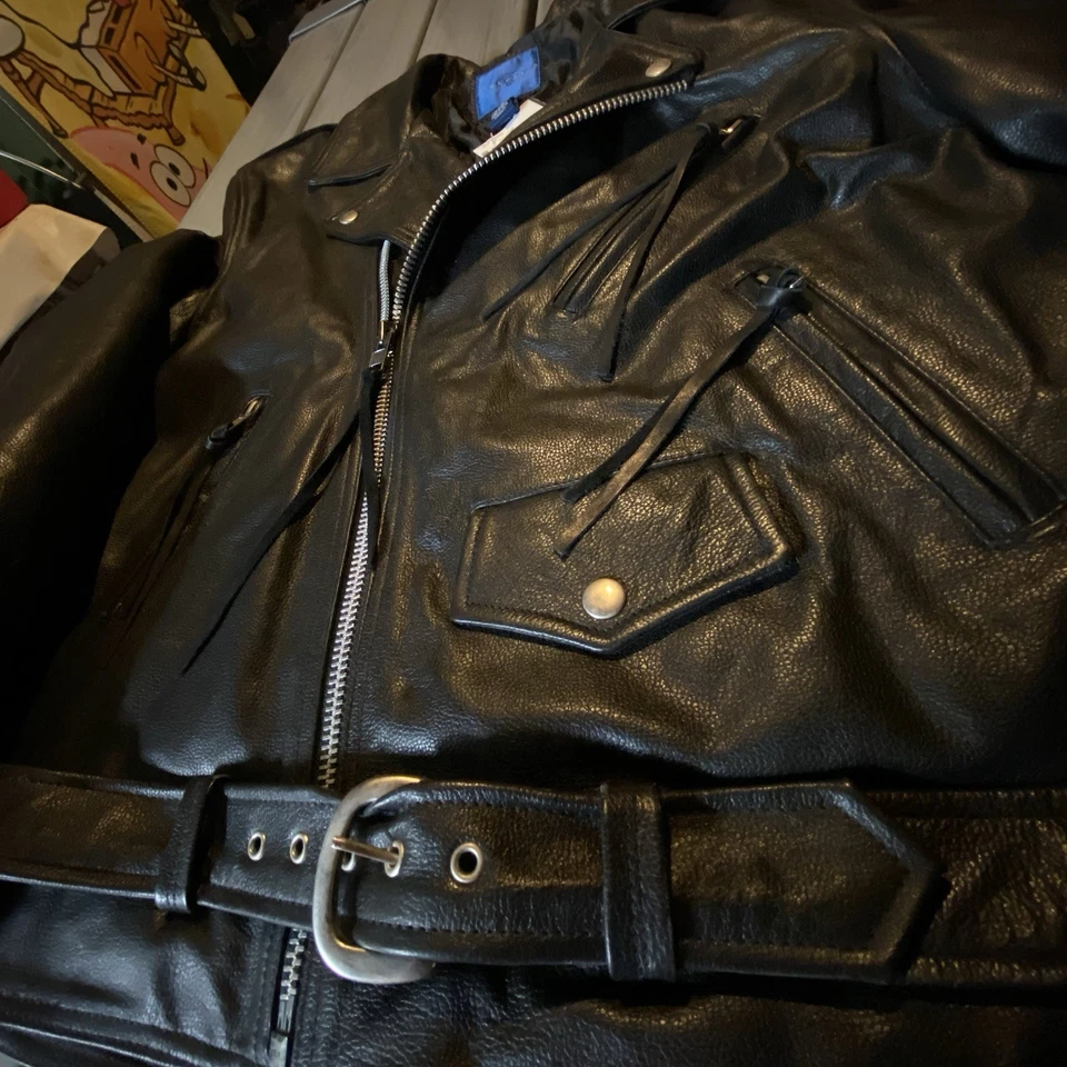 VTG TownCraft Genuine Leather Motorcycle Biker Jacket Belted 90s Mens Large Tall - Image 2 of 4