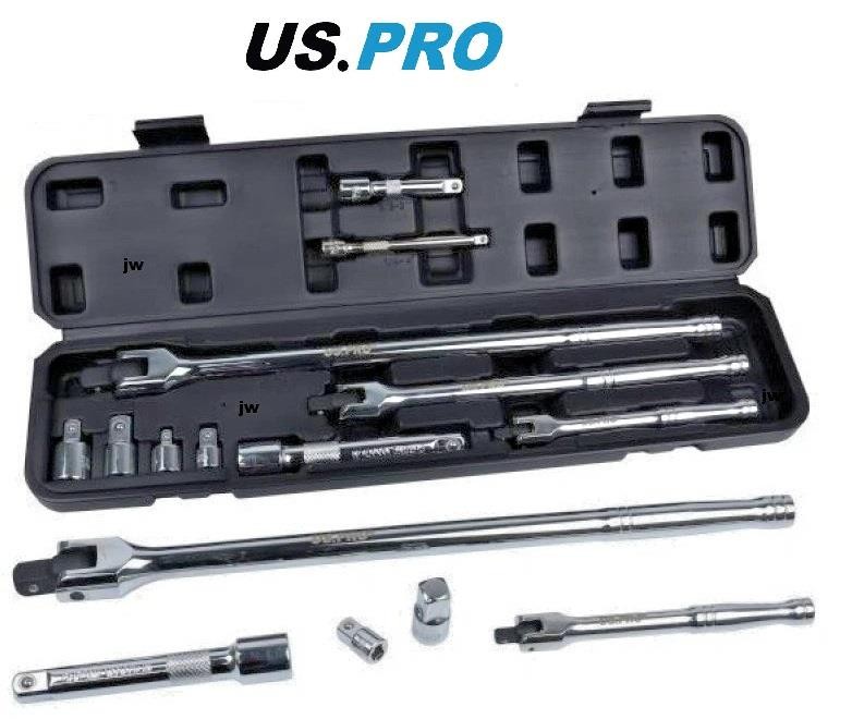 US Pro Breaker Bar Extension Bar & Adaptor Set 10pc 1/4"" 3/8"" & 1/2"" & Case 4170