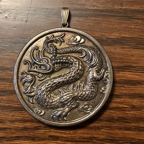 Vintage Reed & Barton Sterling Silver Repousse Dragon Beveled Mirror Pendant