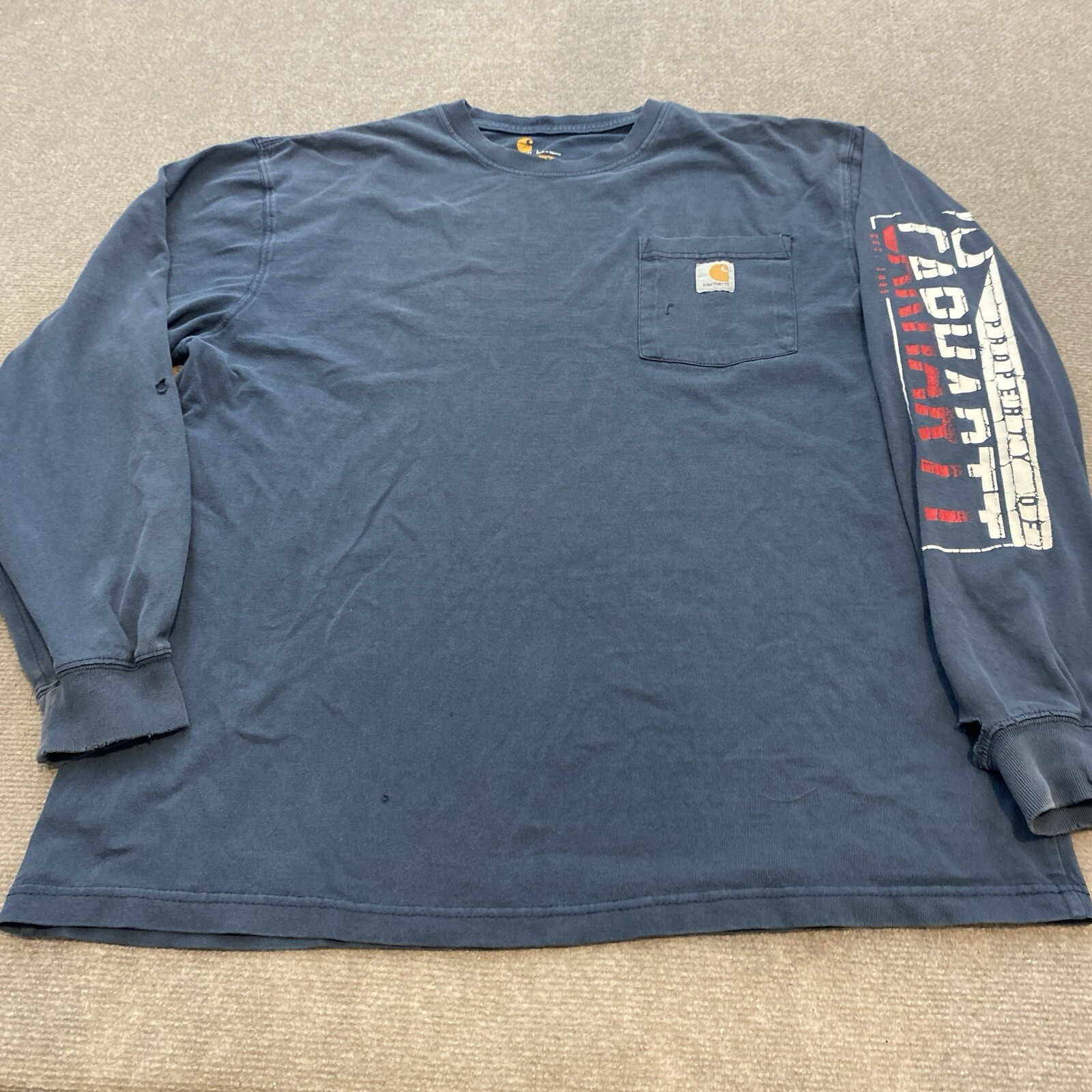Carhartt DISTRESSED T Shirt Mens Size Large Faded Blue Long Sleeve Grunge