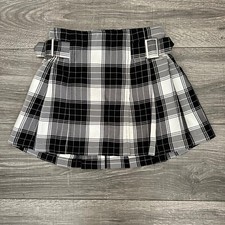 Justice Girls size 8 Black Plaid Pleated Mini Pull-On Skort Buckles Elastic Back