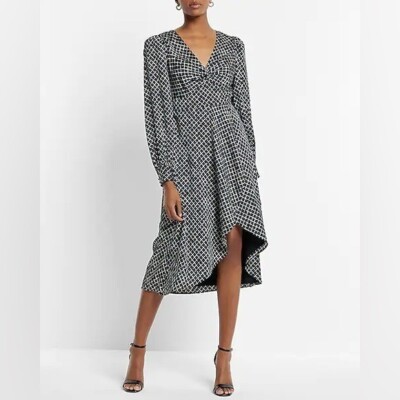 Express Womens Small Black White Twist V Neck Satin Midi Dress New
