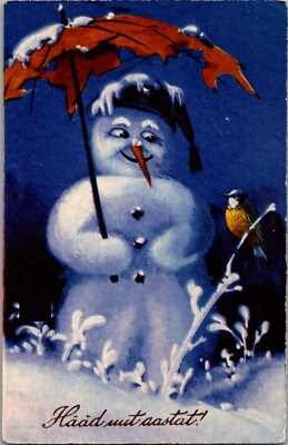 1932 New Year Postcard Haad Uut Aastat Sweet Snowman with Umbrella Watches Bird