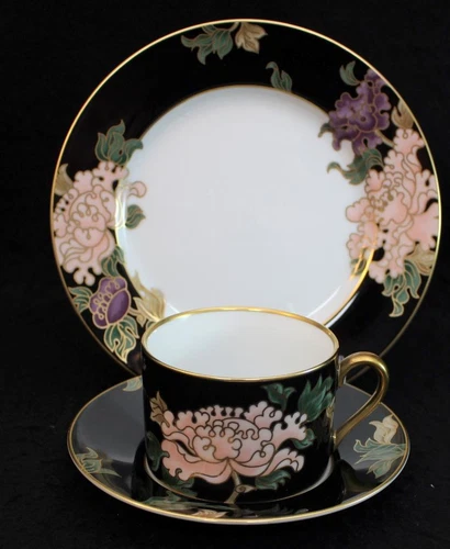 Fitz Floyd CLOISONNE PEONY BLACK Flat Cup & Saucer + Salad Plate GREAT CONDITION