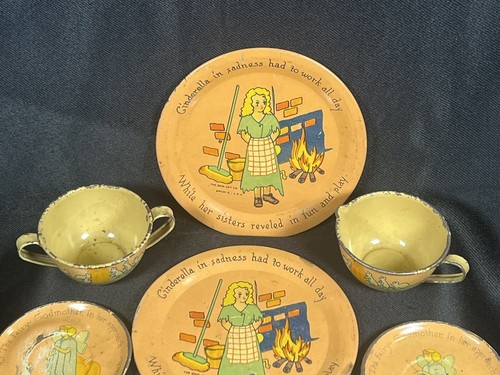 Vintage OHIO ART Tin Litho CINDERELLA Tea Set 16 Piece Fairy God Mother Mice - Picture 19 of 24