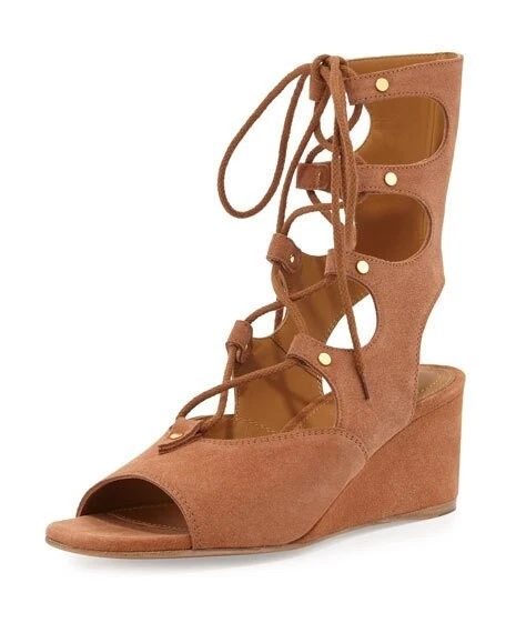 Sandalias de tacón de cuña de gladiador con cordones de gamuza camel marrón CHLOE para mujer talla 38,5 Foto 2 de 3