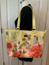 St. John Yellow & Pink Floral Print Leather Large Shoulder Tote Bag