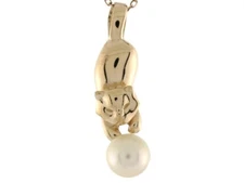 10 Real Gold Cultured Pearl Playing Cat Animal Lovers 2.8cm Slide Pendant