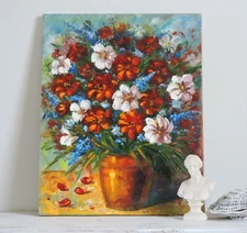 Original painting Abstract flowers bouquet in pot impasto style home wall décor