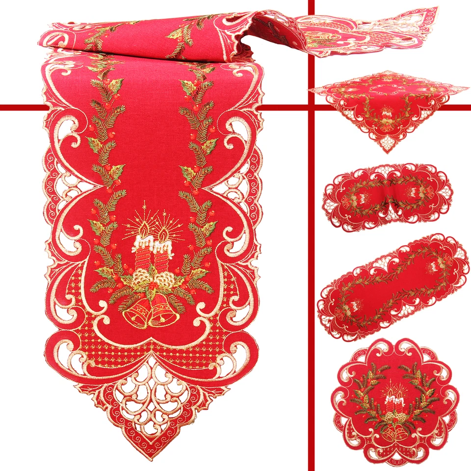 Weihnachten Kerze Glocke Tanne Stickerei Tischdecke Tischläufer Leinen-Optik Rot - Bild 1 von 1