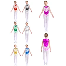 Kids Girls Unitards Lyrical Jumpsuits Sequins Bodysuit Mock Neck Leotard Gym