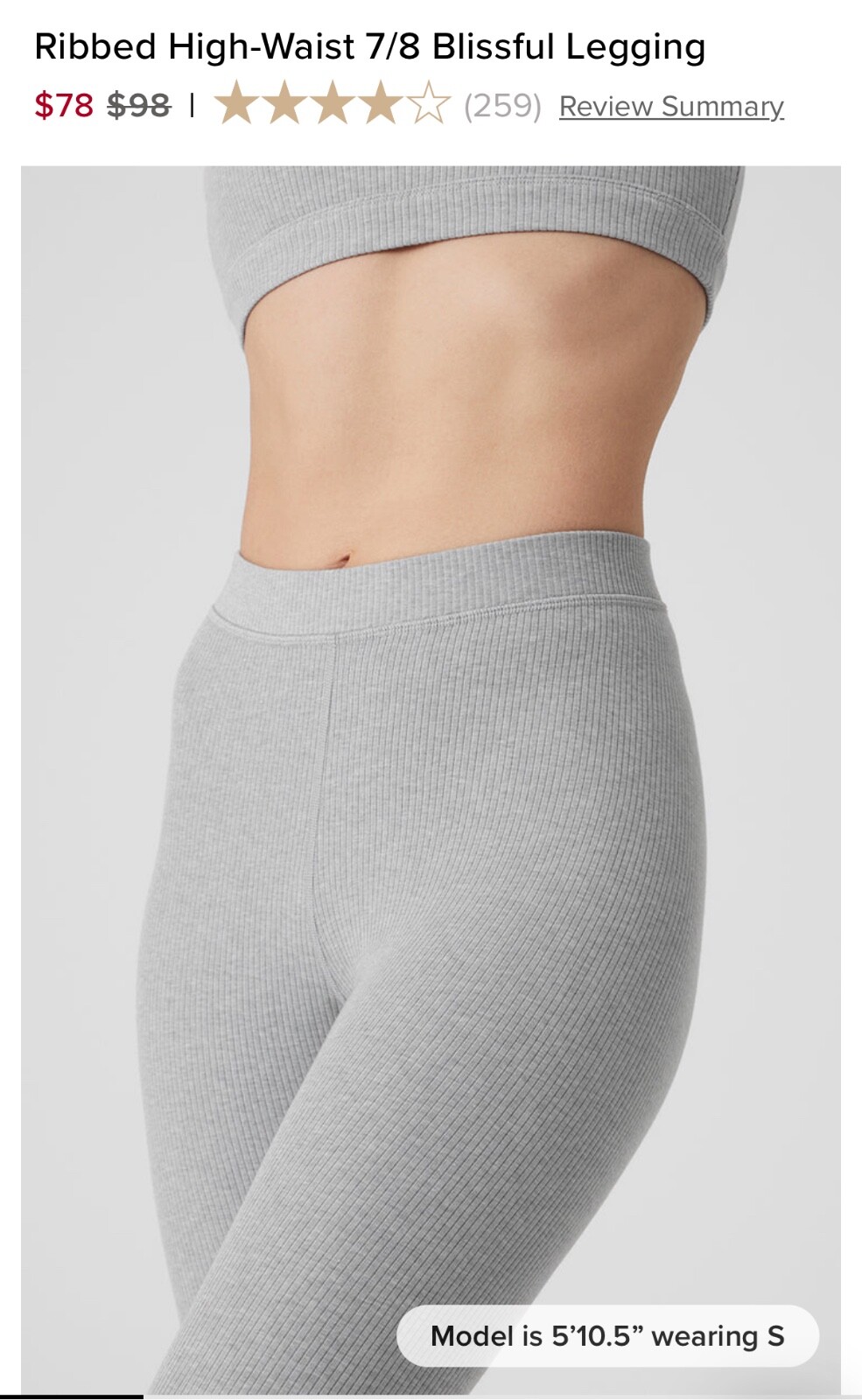 Alo Yoga Ribbed High Waist 7/8 Blissful Leggings Grey Womens XS 24 Inch