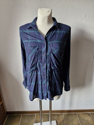 Mango Casual Womens Blouse Shirt M Green Blue Plaid Long Sleeve Buttons Pockets