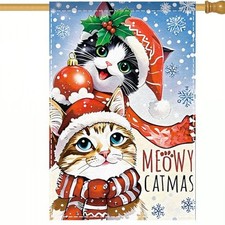 Christmas Cute Cat Garden Flag Winter Snowflake Meowy Catmas Garden Yard Flag