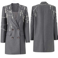 Women Gray Beaded Suit Double Breasted Jacket Crystals Peak Lapel Wedding Party