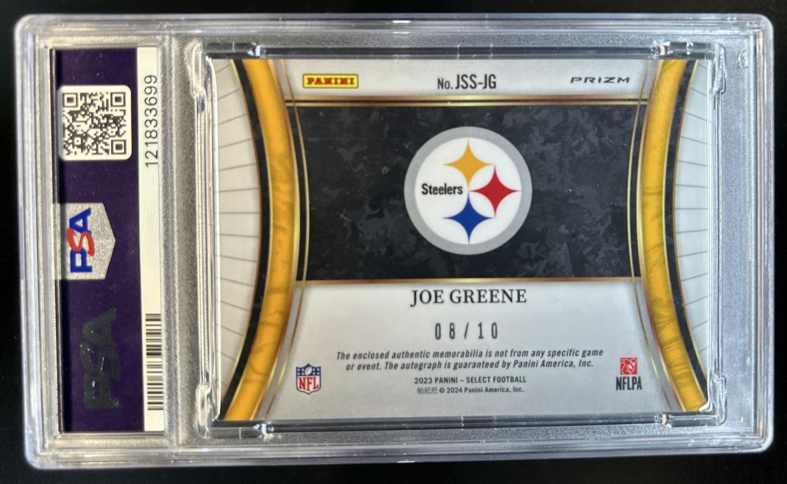2023 Panini Select Joe Greene Jumbo Signature Patch Gold Prizm Auto #/10 PSA 8 view 2