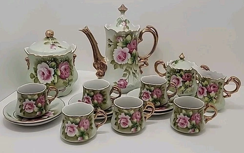 19 Pcs Vtg LEFTON Green Heritage Coffee Tea Pot Cream Sugar Candy Jar Cup Saucer