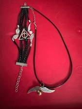 Harry Potter Black Cord GOLDEN SNITCH Necklace and Deathly Hallows Bracelet