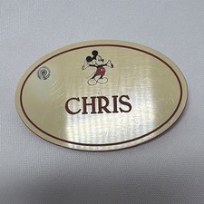 Vtg Disney Cast Member Name Tag Chris Ta-Dum Mickey Mouse Gold Oval Service Pin