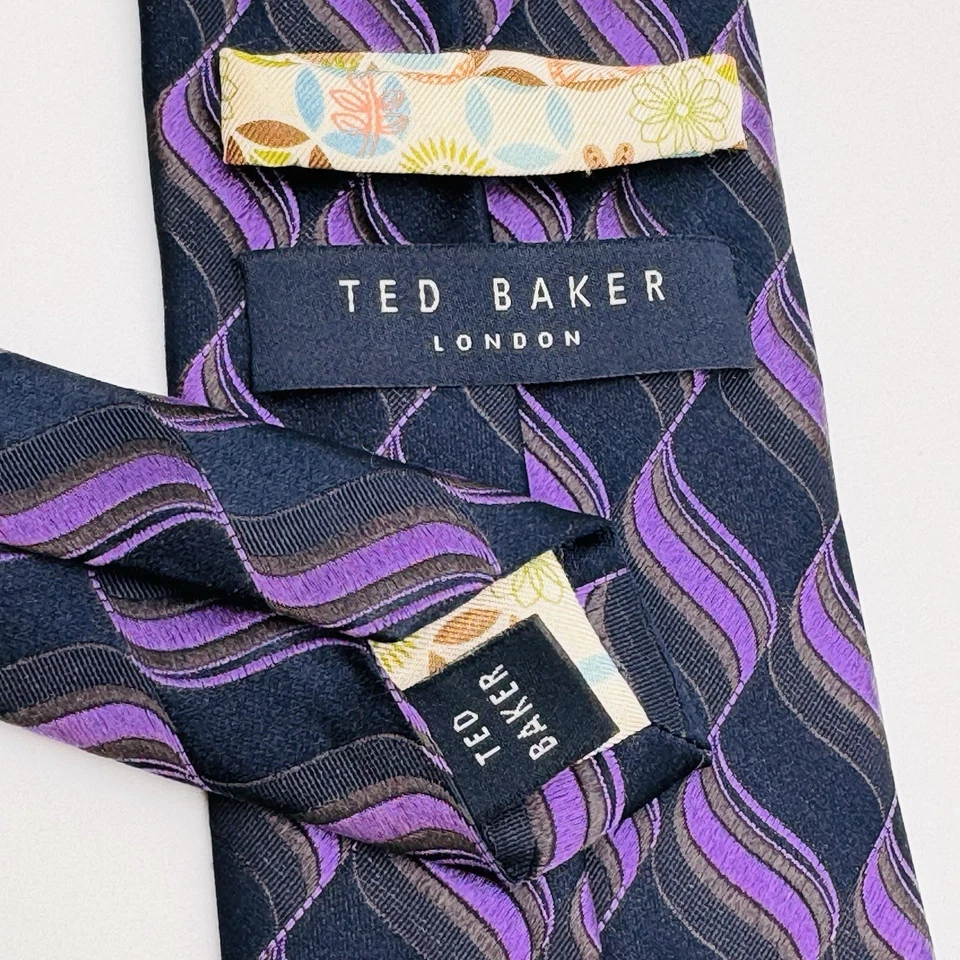 Corbata Ted Baker de seda REPP para hombre XL 62x3,5 azul marino púrpura a rayas hecha a mano diseñador Foto 4 de 4