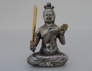 Japanese Sterling Silver Buddhism Bodhisattva Manjushri Sitting on a lion Statue