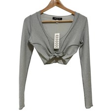 Urban Outfitters Metallic Tie Front Crop Top Blue Silver Long Sleeve XS NWT