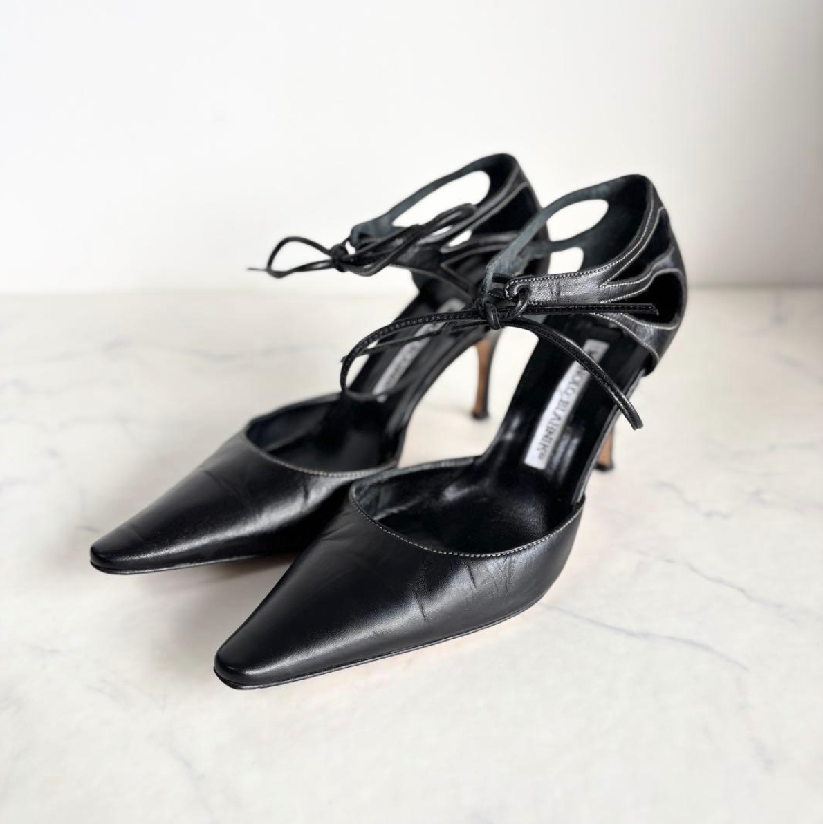 Manolo Blahnik Lace-up D'Orsay Heel Pumps Black Leather Size 36.5