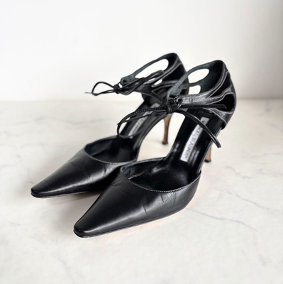 Manolo Blahnik Lace-up D'Orsay Heel Pumps Black Leather Size 36.5