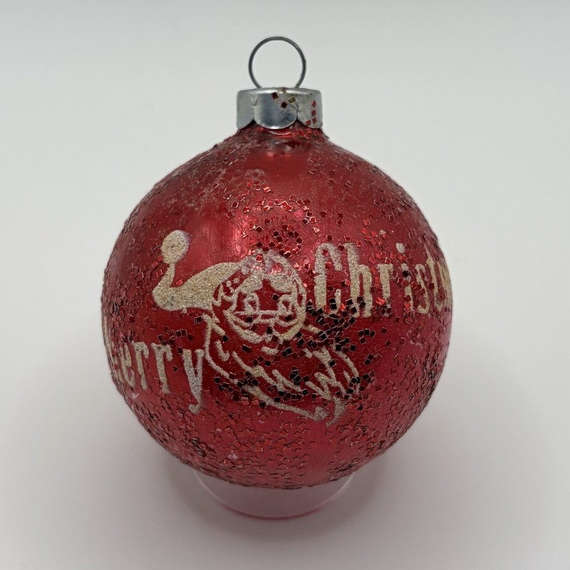 Vintage Merry Christmas Santa Stencil Glass Ornament 2.5”