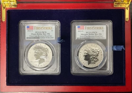 2023-S Reverse Proof Morgan & Peace Dollar Set PCGS PR70 In Display Box