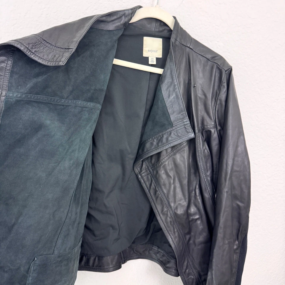 Sejour Womens Leather Jacket Size 14 W Moto Biker Ribbed Classic Black - Image 4 of 4